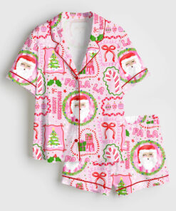 Women's Pink Christmas Trendy Christmas Tree Merry Christmas Fa La La Christmas Snow Print Short Sleeve Satin Pajama Set