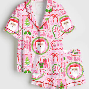 Womenâ€™s Pink Christmas Trendy Christmas Tree Merry Christmas Fa La La Christmas Snow Print Short Sleeve Satin Pajama Set