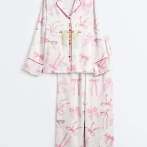 Womenâ€™s Pink Coquette Bow Christian Jesus Easter Long Sleeve Satin Pajama Set