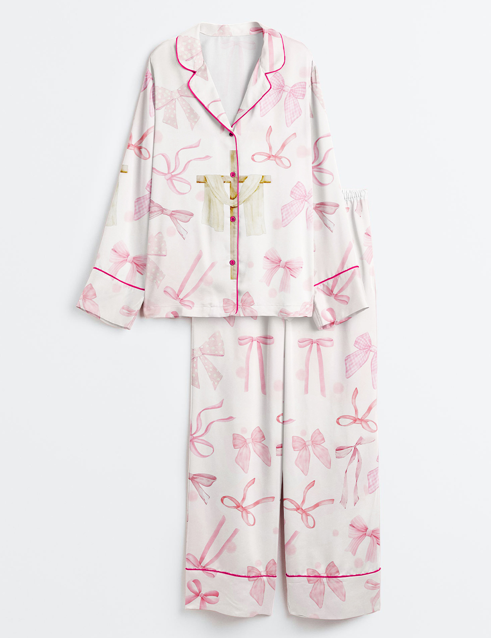 Women's Pink Coquette Bow Christian Jesus Easter Long Sleeve Satin Pajama Set