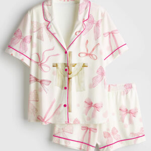 Womenâ€™s Pink Coquette Bow Christian Jesus Easter Short Sleeve Satin Pajama Set