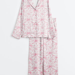 Womenâ€™s Pink Coquette Bows Floral Pattern Long Sleeve Satin Pajama Set