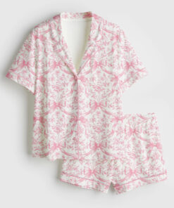 Women's Pink Coquette Bows Floral Pattern Short Sleeve Satin Pajama Set