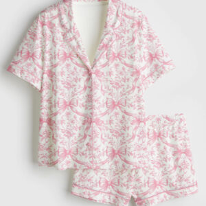Womenâ€™s Pink Coquette Bows Floral Pattern Short Sleeve Satin Pajama Set