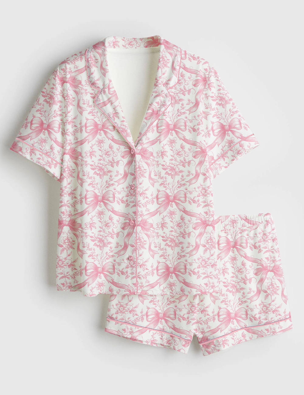 Womenâ€™s Pink Coquette Bows Floral Pattern Short Sleeve Satin Pajama Set