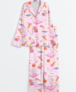 Women's Pink Coquette Girly Teacher Long Sleeve Satin Pajama Set