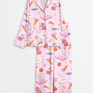 Womenâ€™s Pink Coquette Girly Teacher Long Sleeve Satin Pajama Set