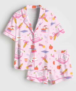 Women's Pink Coquette Girly Teacher Short Sleeve Satin Pajama Set