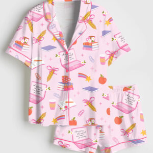 Womenâ€™s Pink Coquette Girly Teacher Short Sleeve Satin Pajama Set