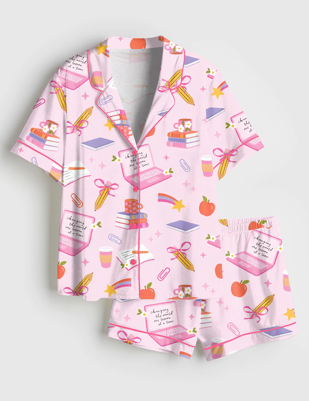 Womenâ€™s Pink Coquette Girly Teacher Short Sleeve Satin Pajama Set