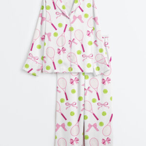 Women's Pink Coquette Tennis Long Sleeve Satin Pajamas Set
