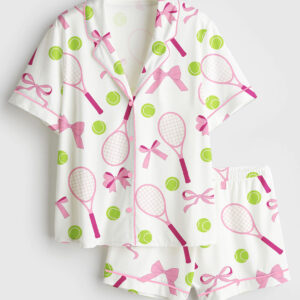 Womenâ€™s Pink Coquette Tennis Short Sleeve Satin Pajama Set