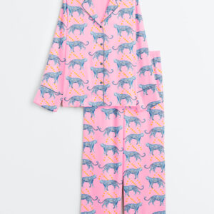 Women's Pink Cosmic Cheetah Watercolor Cheetah Wildlife Print Long Sleeve Satin Pajamas Set