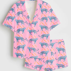 Womenâ€™s Pink Cosmic Cheetah Watercolor Cheetah Wildlife Print Short Sleeve Satin Pajama Set