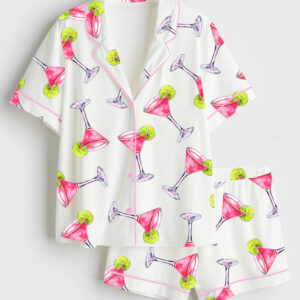 Women's Pink Cosmopolitan Cocktail Cosmo Drink Weddings & Parties Short Sleeve Satin Pajama Set