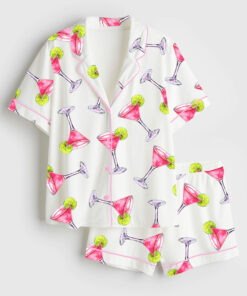 Women's Pink Cosmopolitan Cocktail Cosmo Drink Weddings & Parties Short Sleeve Satin Pajama Set