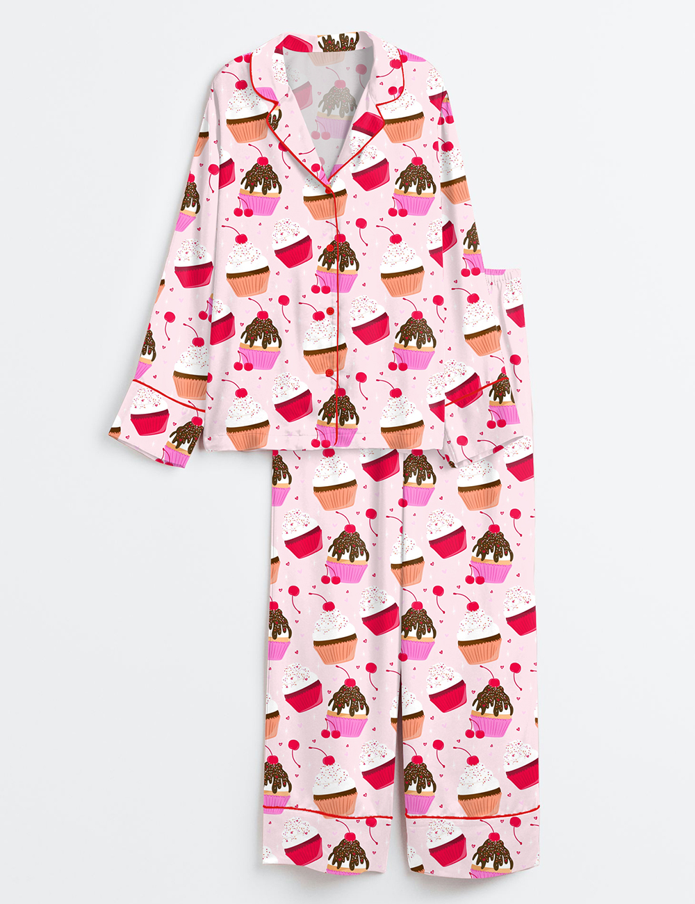 Womenâ€™s Pink Cupcake Long Sleeve Satin Pajama Set