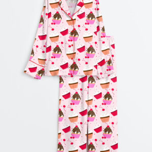 Women's Pink Cupcake Long Sleeve Satin Pajama Set