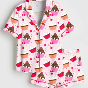 Womenâ€™s Pink Cupcake Short Sleeve Satin Pajama Set