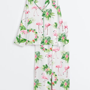 Women's Pink Flamingo Long Sleeve Satin Pajama Set