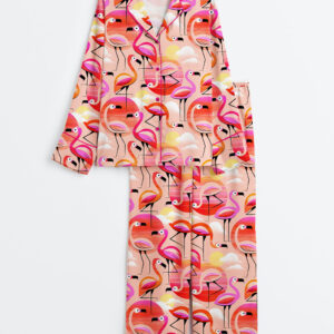 Women's Pink Flamingo Long Sleeve Satin Pajamas Set