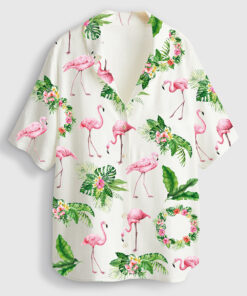 Women's Pink Flamingo Short Sleeve Linen Blend Hawaiian Shirt