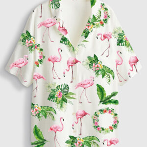 Womenâ€™s Pink Flamingo Short Sleeve Linen Blend Hawaiian Shirt