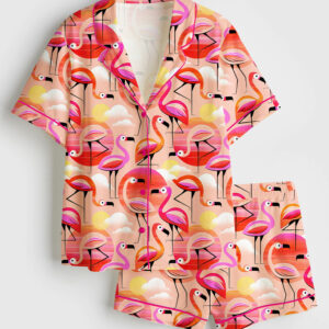 Women's Pink Flamingo Short Sleeve Satin Pajama Set
