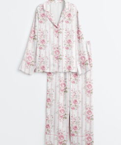 Women's Pink Floral Stripe Wedding Long Sleeve Satin Pajama Set