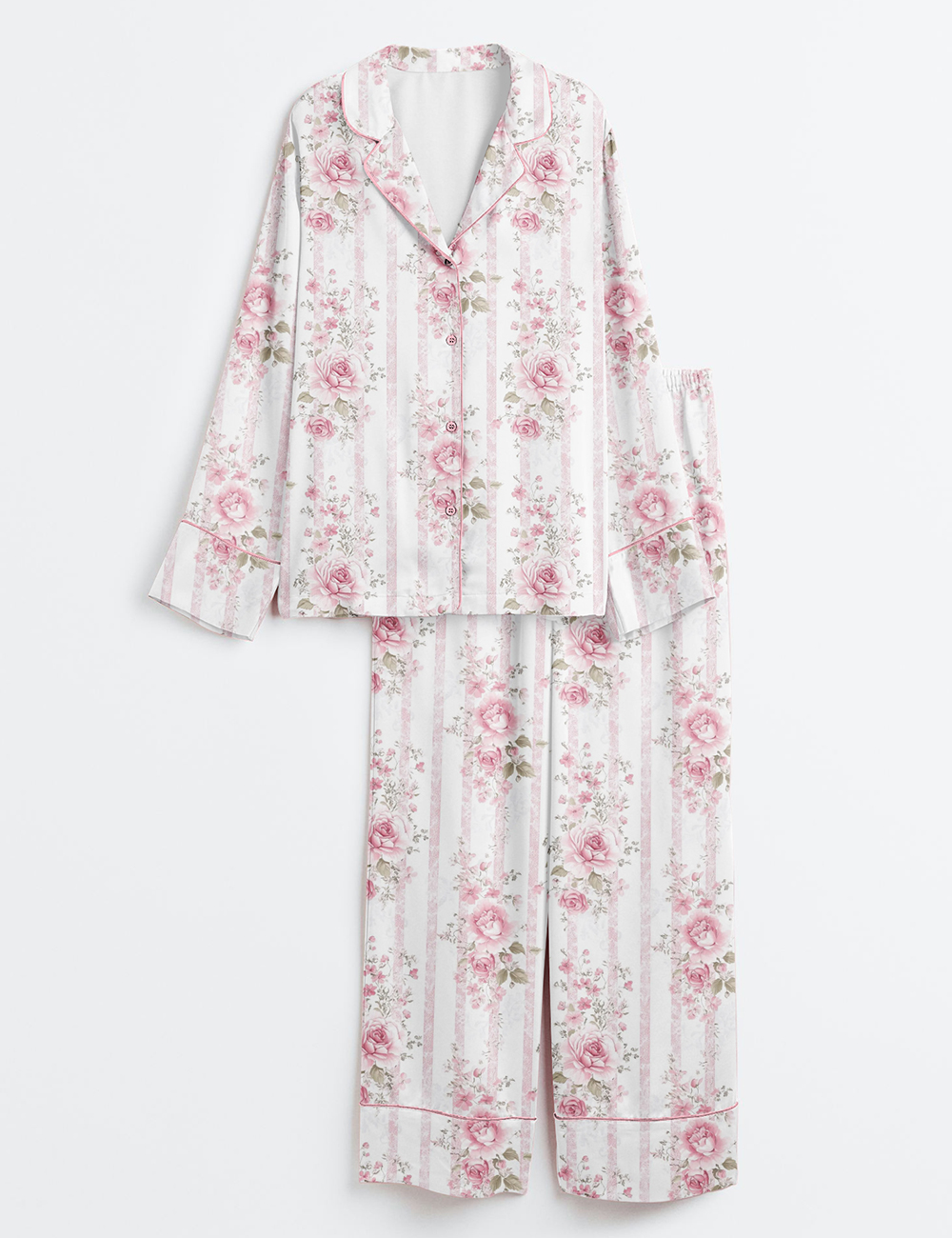 Womenâ€™s Pink Floral Stripe Wedding Long Sleeve Satin Pajama Set