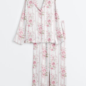 Women's Pink Floral Stripe Wedding Long Sleeve Satin Pajamas Set