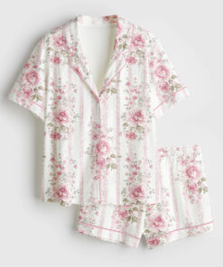 Women's Pink Floral Stripe Wedding Short Sleeve Satin Pajama Set