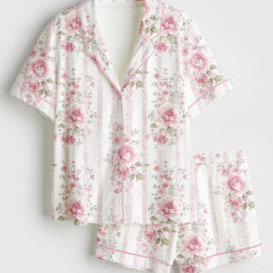 Womenâ€™s Pink Floral Stripe Wedding Short Sleeve Satin Pajama Set