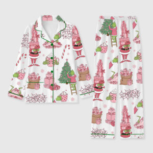 Women's Pink Grinch Christmas Tree Holiday Gifts Long Sleeve Pocket Cotton Family Pajamas Set
