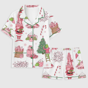 Women's Pink Grinch Christmas Tree Holiday Gifts Short Sleeve Pocket Cotton Family Pajama Set