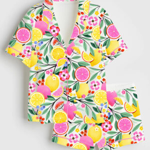 Women's Pink Lemonade Floral Short Sleeve Satin Pajama Set