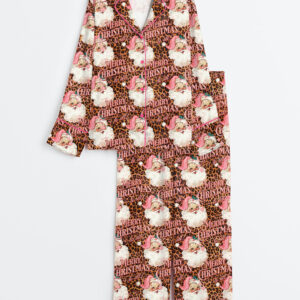 Women's Pink Leopard Christmas Santa Long Sleeve Satin Pajamas Set