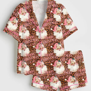 Womenâ€™s Pink Leopard Christmas Santa Short Sleeve Satin Pajama Set