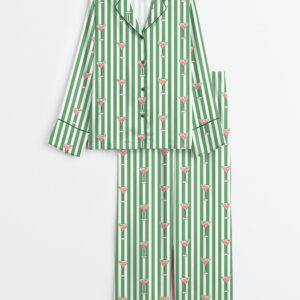 Womenâ€™s Pink Martini With Green Stripes Wine Long Sleeve Satin Pajama Set