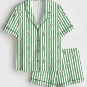 Womenâ€™s Pink Martini With Green Stripes Wine Short Sleeve Satin Pajama Set