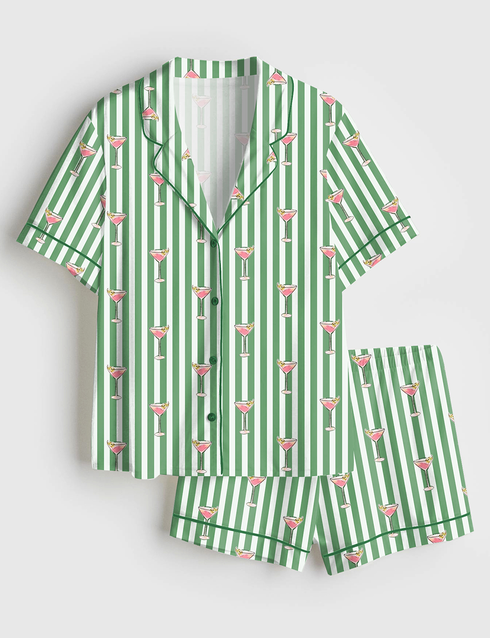 Women's Pink Martini With Green Stripes Wine Short Sleeve Satin Pajama Set