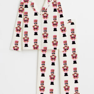 Women's Pink Nutcrackers Christmas Winter Holiday Long Sleeve Cotton Waffle Pajama Set