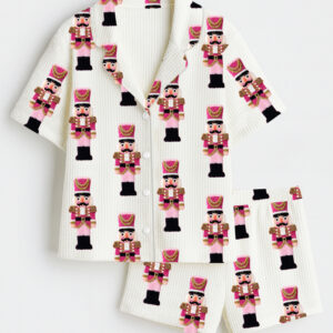 Women's Pink Nutcrackers Christmas Winter Holiday Short Sleeve Cotton Waffle Pajama Set