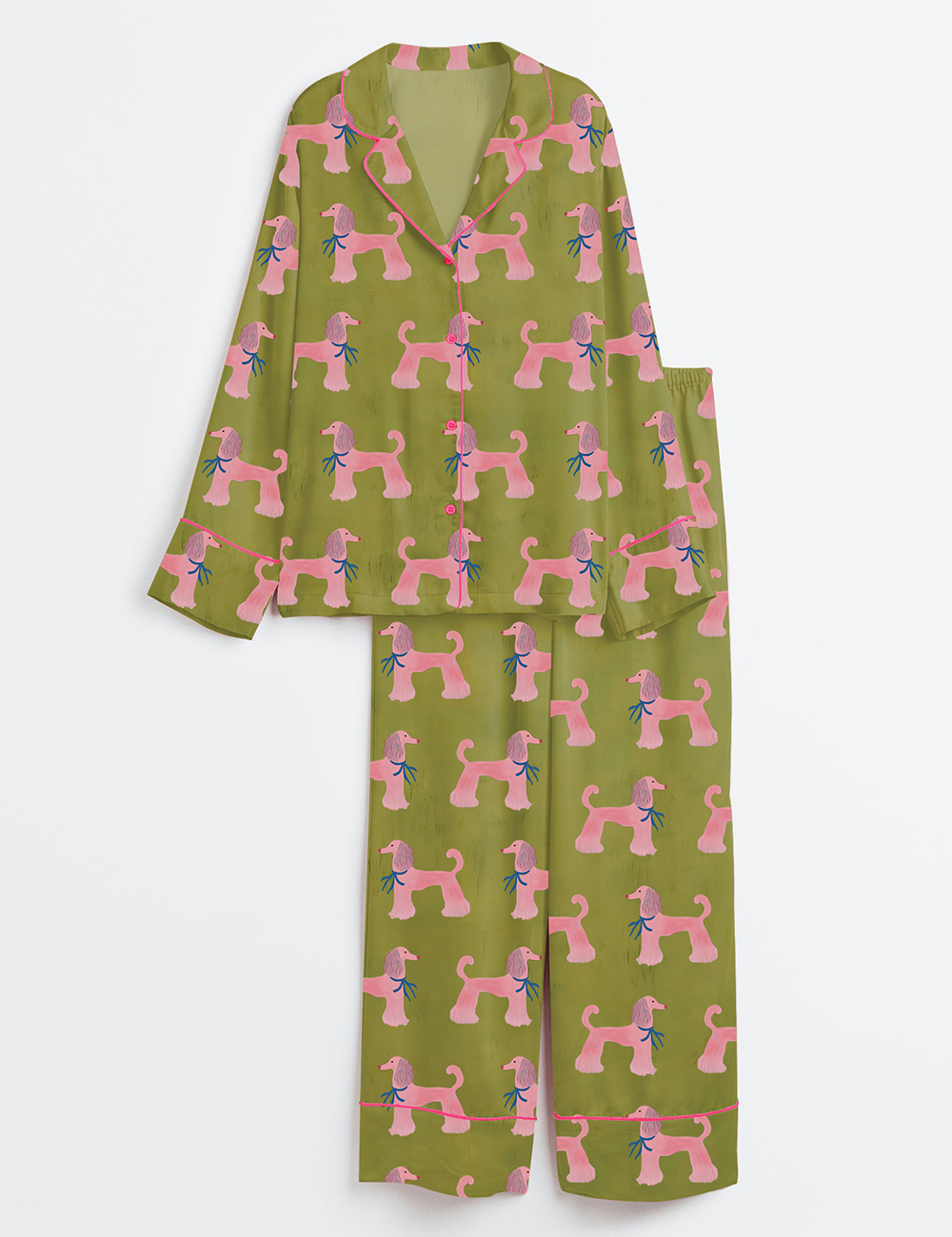 Womenâ€™s Pink Poodle Whimsical Playful Mid Century Modern Pet Long Sleeve Satin Pajama Set
