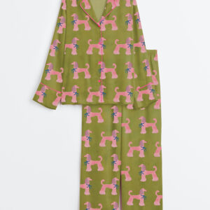 Women's Pink Poodle Whimsical Playful Mid Century Modern Pet Long Sleeve Satin Pajama Set