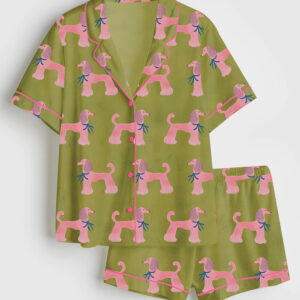 Womenâ€™s Pink Poodle Whimsical Playful Mid Century Modern Pet Short Sleeve Satin Pajama Set