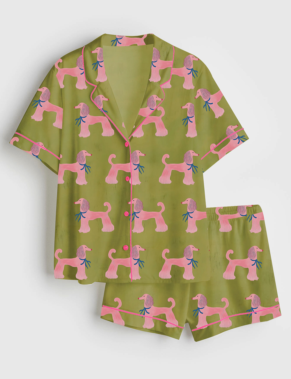Womenâ€™s Pink Poodle Whimsical Playful Mid Century Modern Pet Short Sleeve Satin Pajama Set