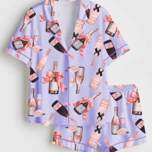 Womenâ€™s Pink Rose Champagne Short Sleeve Satin Pajama Set