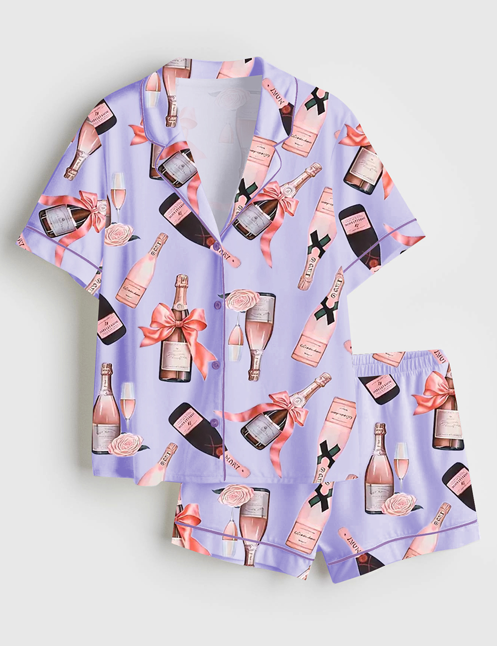 Womenâ€™s Pink Rose Champagne Short Sleeve Satin Pajama Set