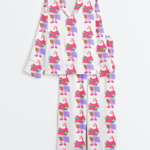 Womenâ€™s Pink Santa Shopping Merry Christmas Long Sleeve Satin Pajama Set